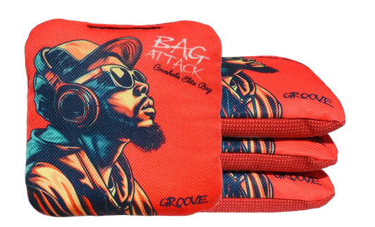 4 sacs de cornhole Pro de compétition dj sur fond rouge, vue de face