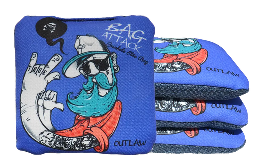 4 sacs de cornhole Pro de compétition hipster sur fond bleu, vue de face