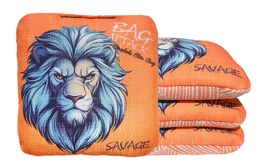 4 sacs de cornhole Pro de compétition lion sur fond orange, vue de face