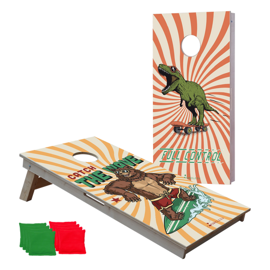 cornhole 2 planches ours surfeur et t-rex skateur, vue de face