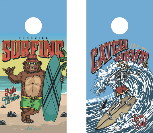 décor détaillé cornhole 2 planches ours et sa planche de surf, squelette et son fidèle requin, vue de face