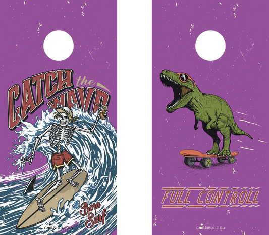 décor détaillé cornhole 2 planches squelette en train de surfer et t-rex en train de rider, vue de face
