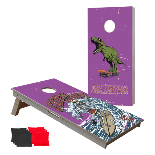 cornhole 2 planches squelette en train de surfer et t-rex en train de rider, vue de face