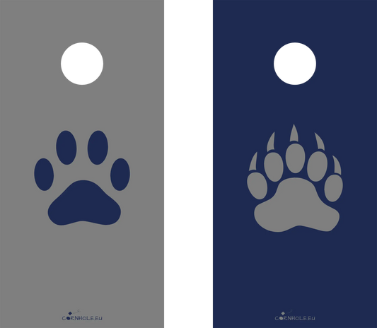 décor détaillé cornhole 2 planches empreinte de patte d'ours et empreinte de patte de loup, vue de face