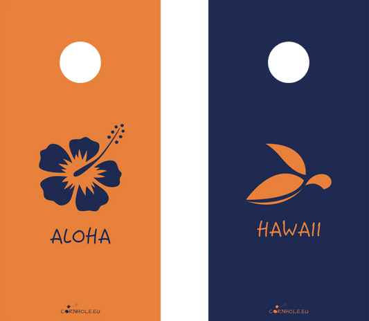 décor détaillé cornhole 2 planches hawaii et haloha, vue de face