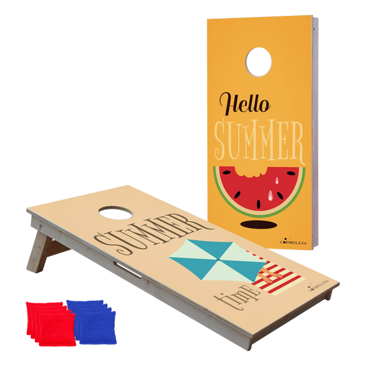 cornhole 2 planches parasol summer time et pastèque hello summer, vue de face