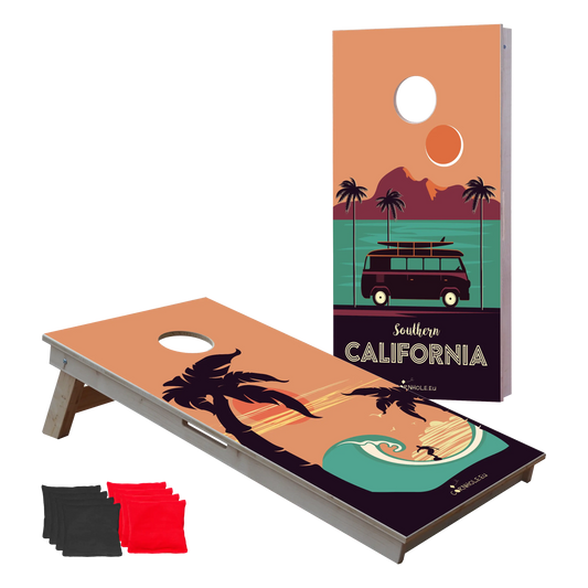 cornhole 2 planches surfeur et combi vw, vue de face