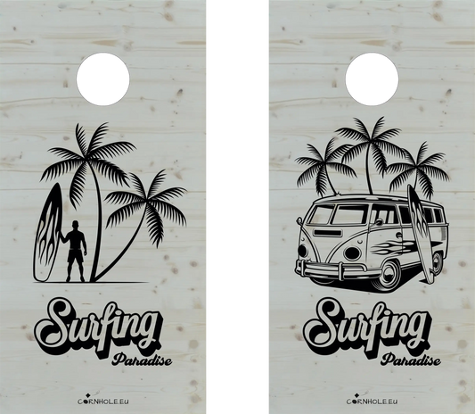 décor détaillé cornhole 2 planches surfeur et van de surf vw, vue de face