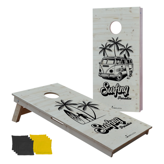 cornhole 2 planches surfeur et van de surf vw, vue de face