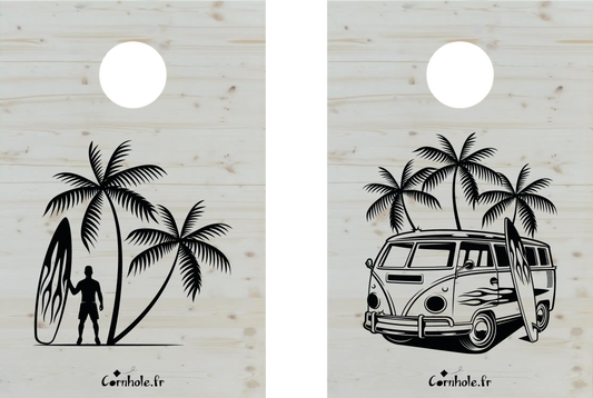 décor détaillé cornhole 2 planches format court 60/90 cm surfeur et van de surf, vue de face