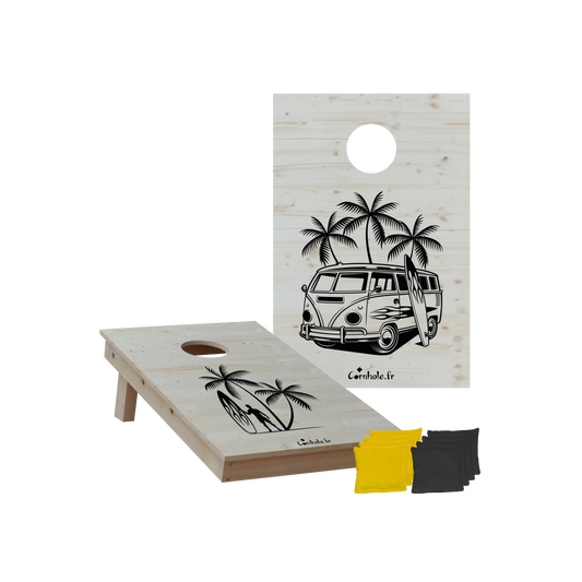 cornhole 2 planches format court 60/90 cm surfeur et van de surf, vue de face