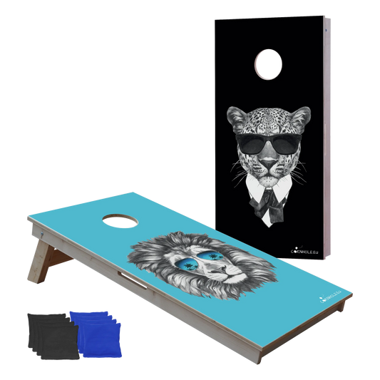 cornhole 2 planches lion et léopard qui se la jouent grave, vue de face