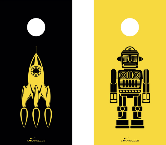 décor détaillé cornhole 2 planches fusée et robot vintages, vue de face