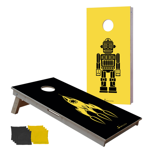 cornhole 2 planches fusée et robot vintages, vue de face