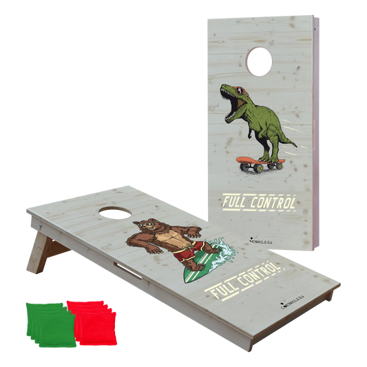 cornhole 2 planches ours surfant une vague et t-rex en skateboard, vue de face