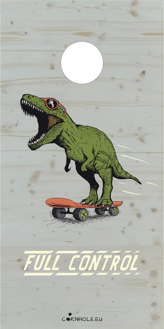 décor détaillé cornhole t-rex à lunettes sur un skateboard, vue de face