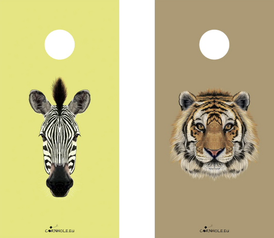 décor détaillé cornhole 2 planches tête de tigre et tête de zèbre, vue de face