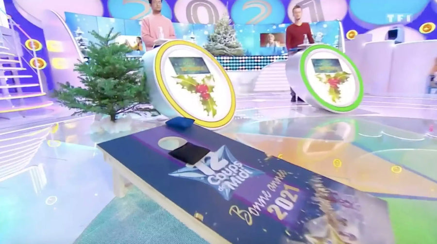Our cornhole boards on TF1's "Les douze coups de midi"