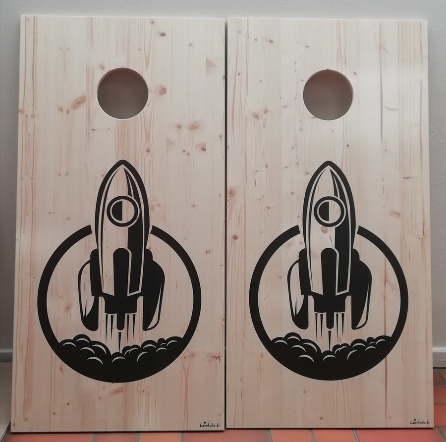 Custom cornhole board made for a private client - rocket design