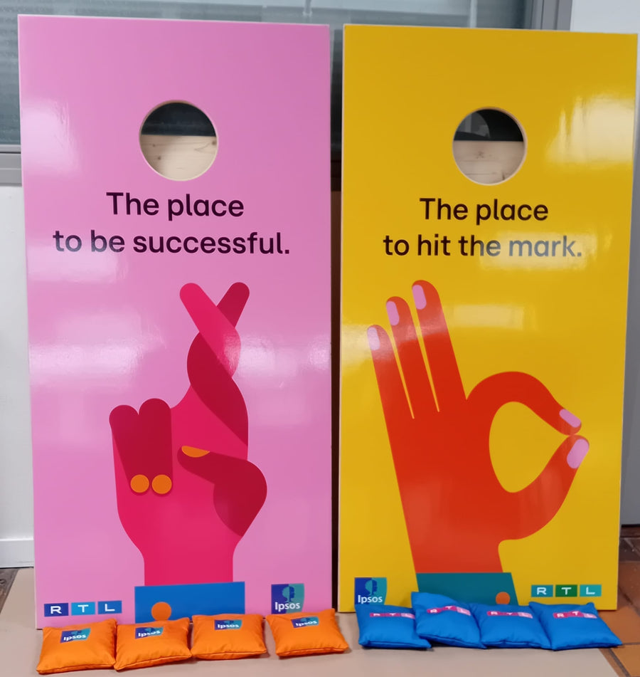 Custom cornhole made for RTL and Ipsos