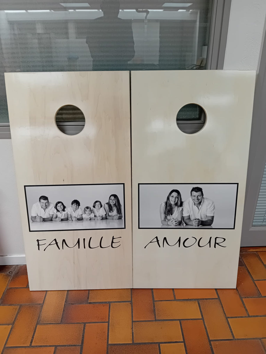 Custom cornhole set made for a private client - couple and family photos