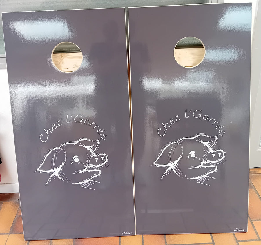 Custom cornhole made for Chez l’Gorrée bar and café
