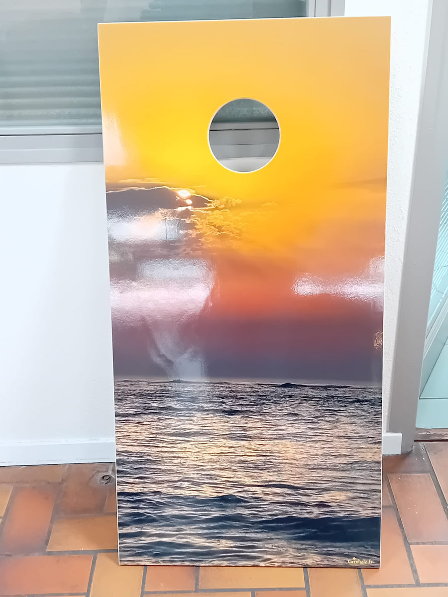 Custom cornhole boards made for a private client - sea and sunset