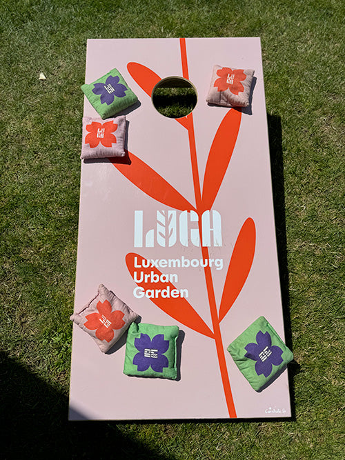 Custom cornhole set made for LUGA - Luxembourg Urban Garden