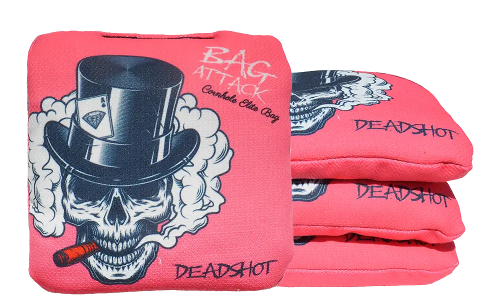 4 sacs de cornhole Pro de compétition tête de mort sur fond rose, vue de face