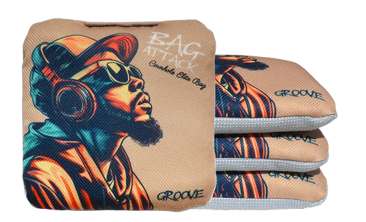 4 sacs de cornhole Pro de compétition dj sur fond beige, vue de face