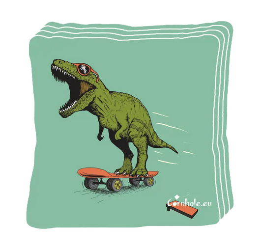 4 sacs de cornhole t-rex en train de faire du skateboard, vue de face
