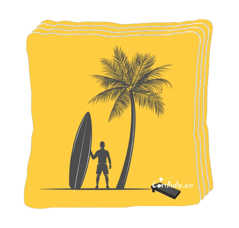 4 sacs de cornhole surfeur sous un palmier, vue de face