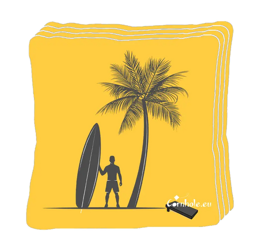 4 sacs de cornhole surfeur sous un palmier, vue de face