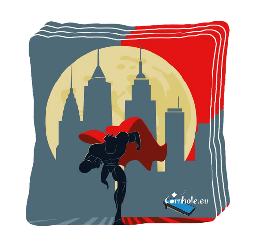 4 sacs de cornhole superhero en pleine course contre le mal, vue de face
