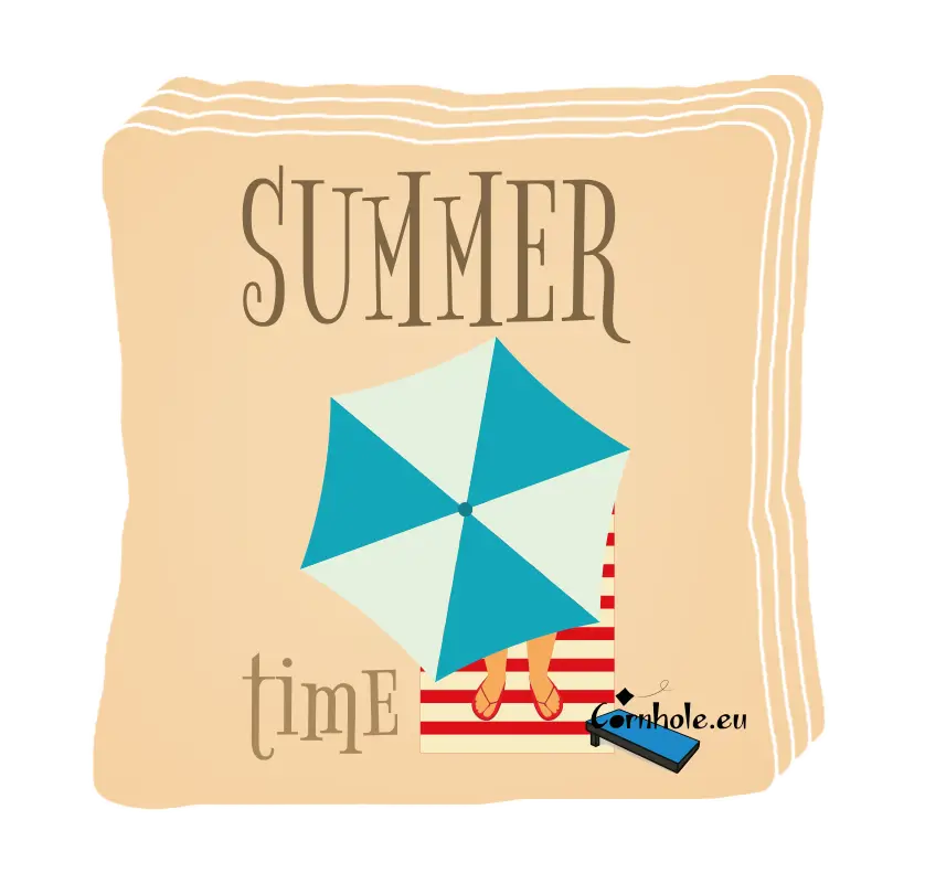 4 sacs de cornhole sieste sur la plage à l'ombre d'un parasol, vue de face