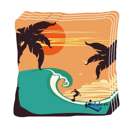 4 sacs de cornhole surfeur dans un tube sous le soleil couchant, vue de face