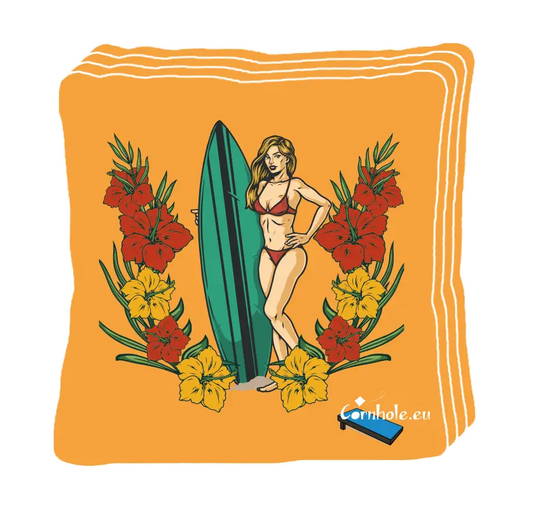 4 sacs de cornhole surfeuse hawaïenne et sa planche de surf, vue de face