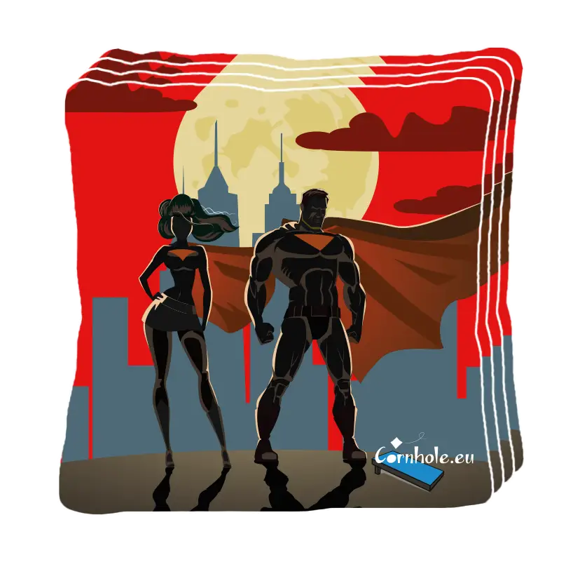 4 sacs de cornhole duo de superhéros prêts pour l'action, vue de face