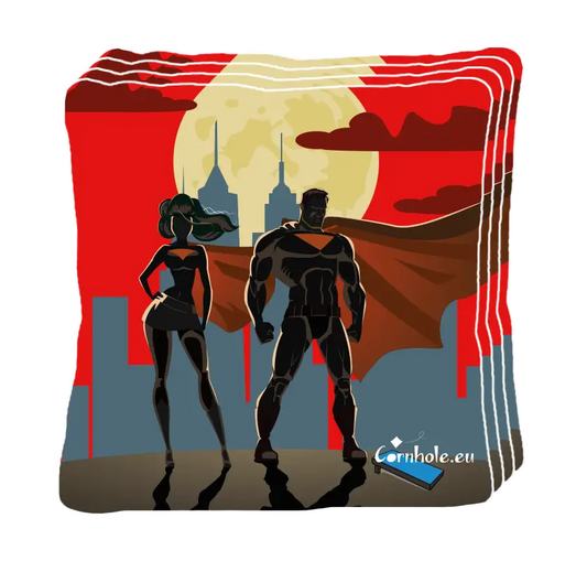 4 sacs de cornhole duo de superhéros prêts pour l'action, vue de face