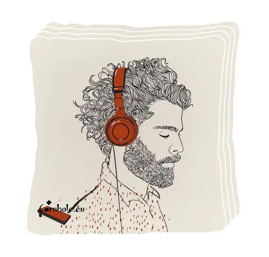 4 sacs de cornhole garçon qui écoute de la musique au casque, vue de face