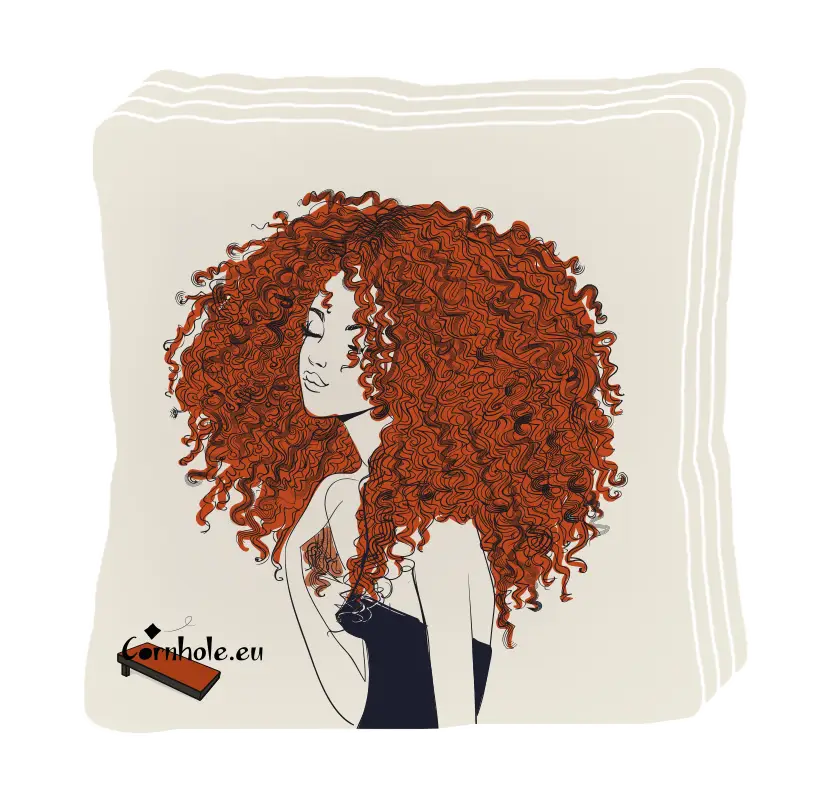 4 sacs de cornhole fille au cheveux bouclés, vue de face