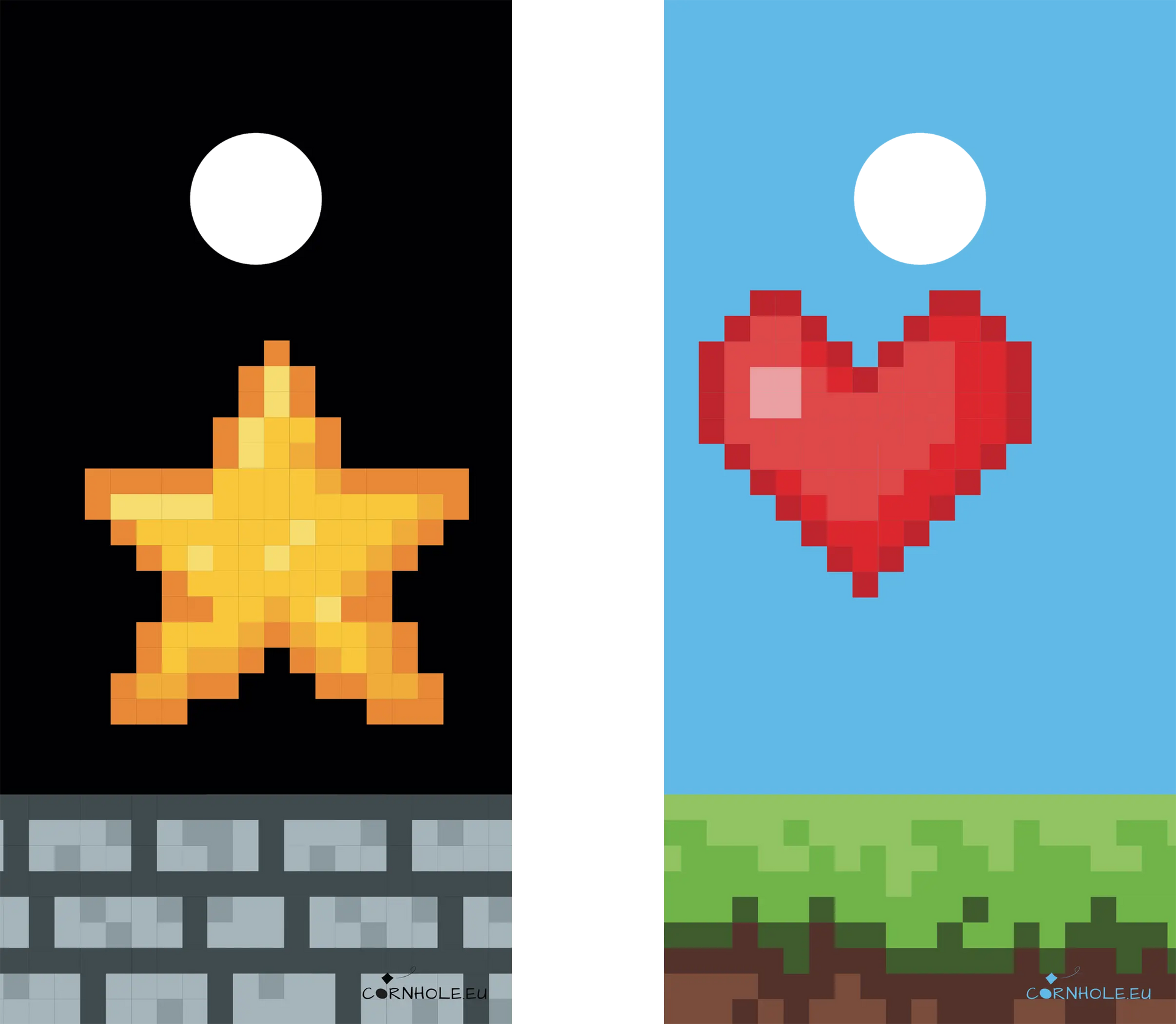 décor détaillé cornhole 2 planches cœur et étoile pixélisés, vue de face