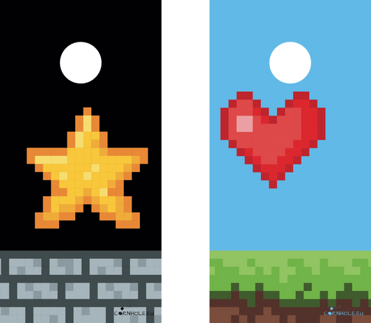 décor détaillé cornhole 2 planches cœur et étoile pixélisés, vue de face