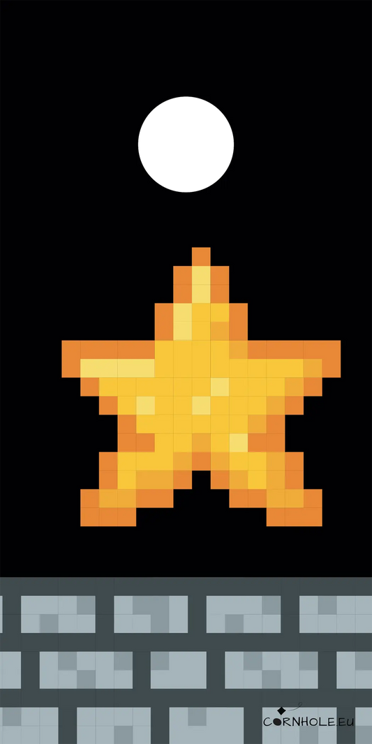 décor détaillé cornhole étoile d'invincibilité retro gaming pixelisé, vue de face
