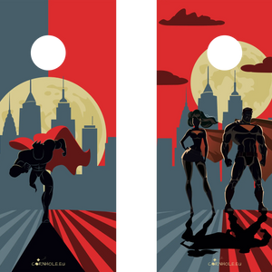 décor détaillé cornhole 2 planches super héros en pleine action, vue de face