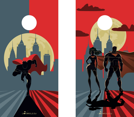 décor détaillé cornhole 2 planches super héros en pleine action, vue de face