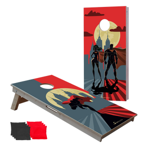 cornhole 2 planches super héros en pleine action, vue de face