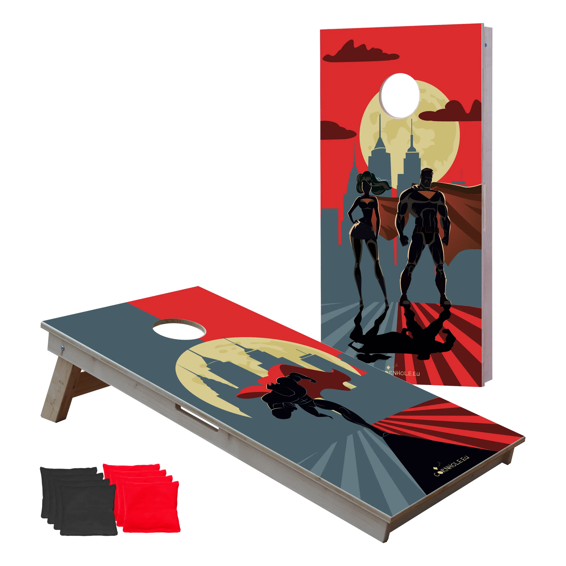 cornhole 2 planches super héros en pleine action, vue de face