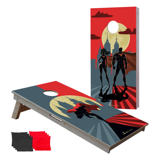 cornhole 2 planches super héros en pleine action, vue de face