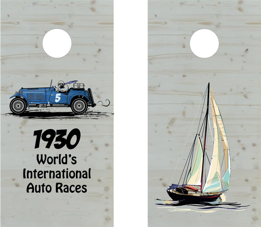 décor détaillé cornhole 2 planches motifs personnalisables sur fond de bois naturel, vue de face